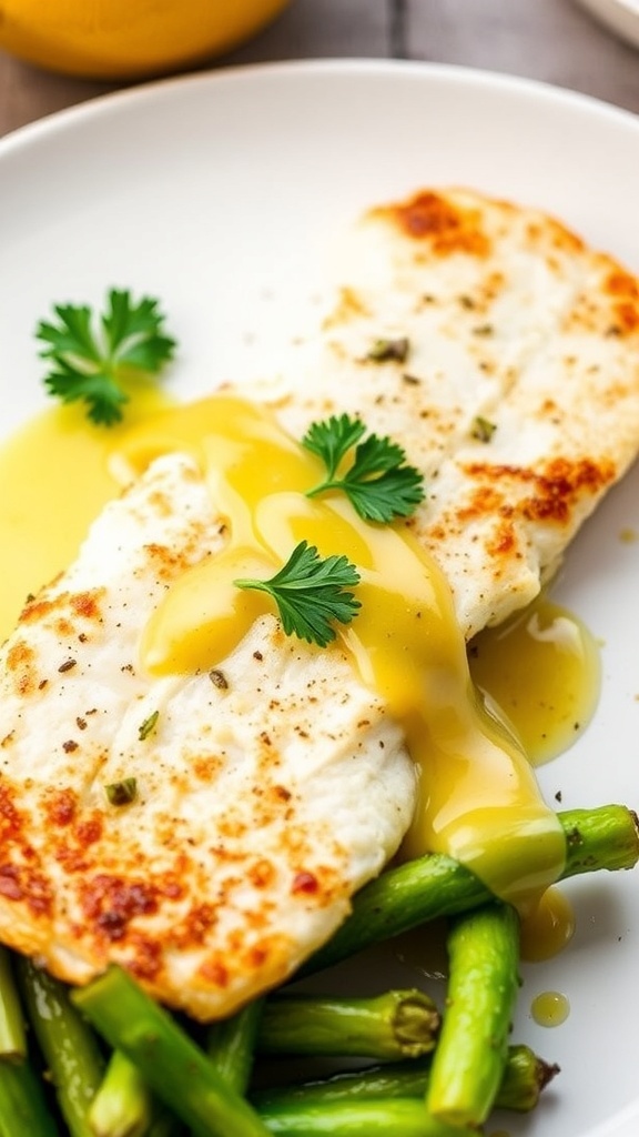 Pan-seared tilapia fillet with lemon butter sauce and parsley on a white plate with vegetables.